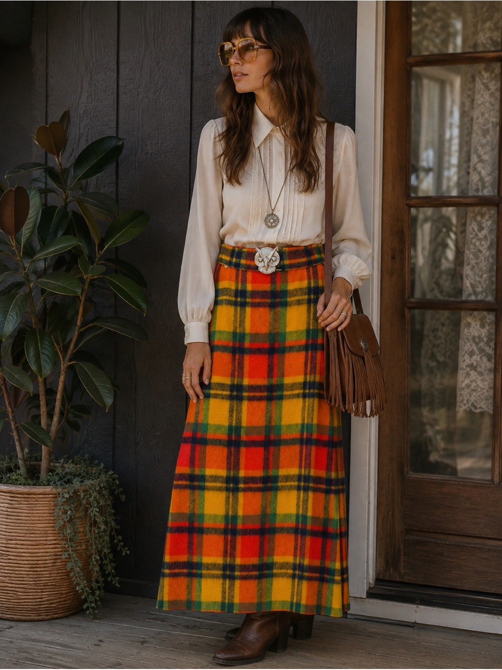 Handmade Vintage 70’s Vibrant Wool Plaid Maxi Skirt - Matching Owl Belt Included